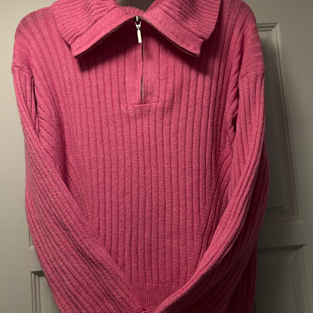 Pink Ribbed Half-Zip Sweater